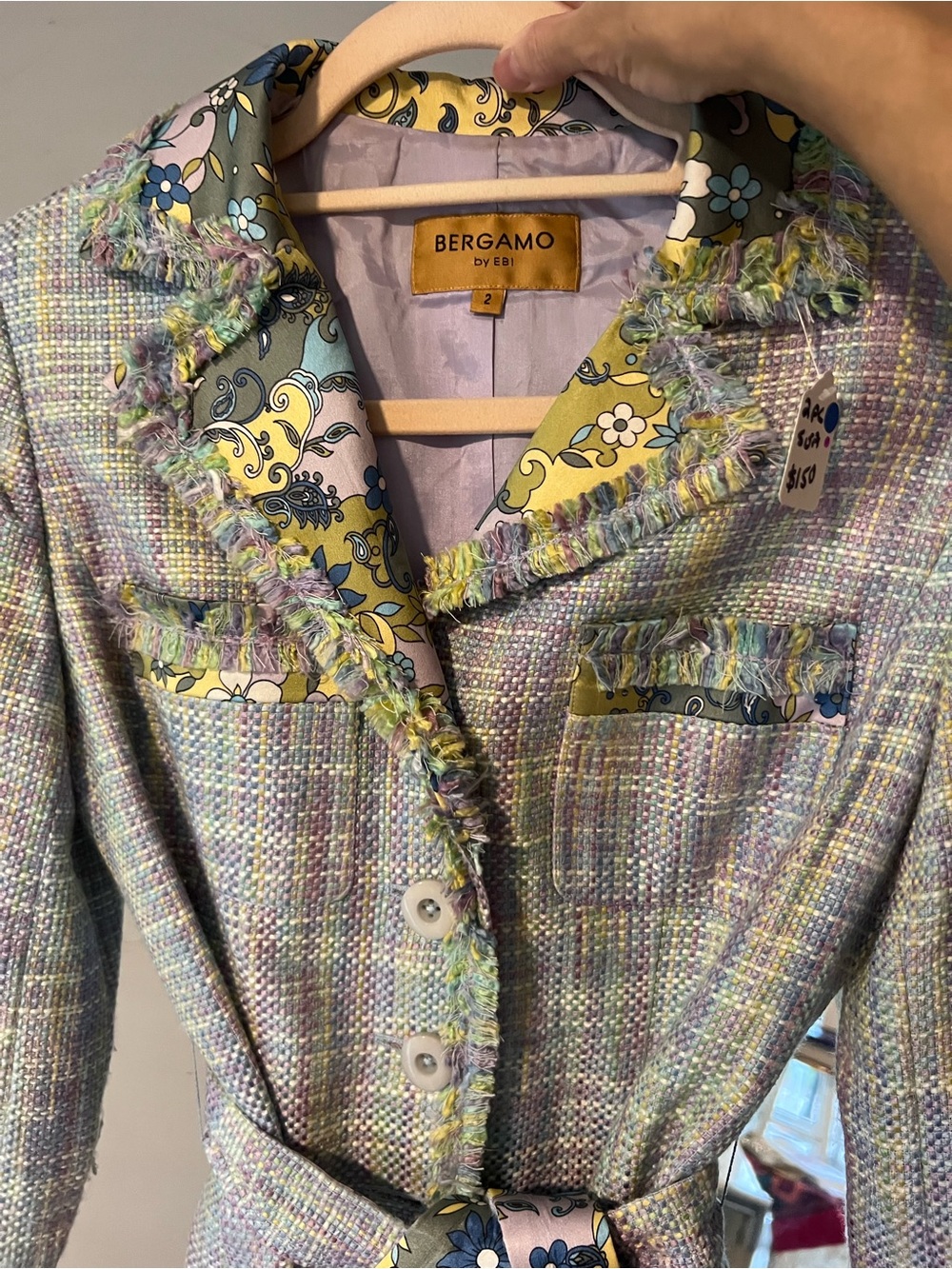 Bergamo Pastel Tweed Belted Blazer w Skirt in Lavender & Green - Picture 2 of 9